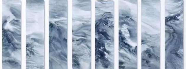 水韵青花山水,138cm x 34.5 cm x 8,纸本水墨,2022年